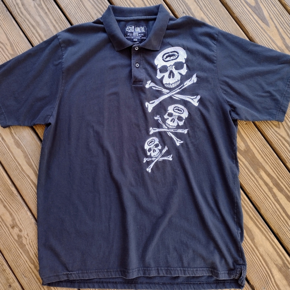 Vintage ECKO UNLMTD. Skull & Bones Black Polo Shirt Men's XXL